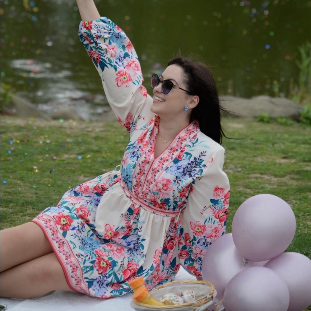 Flora Print Lantern Sleeve Belted Dress